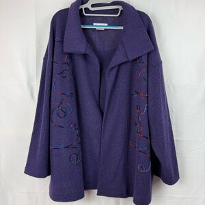 Vintage Nino Wong Purple Wool Embroidered Oversized Open Front Granny Cardigan